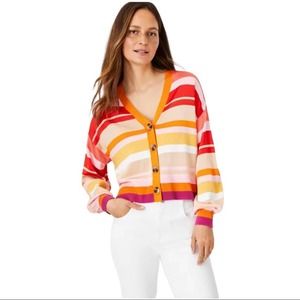 Ann Taylor Orange Pink Striped Cardigan Loose Button Up Knit Size L Large New